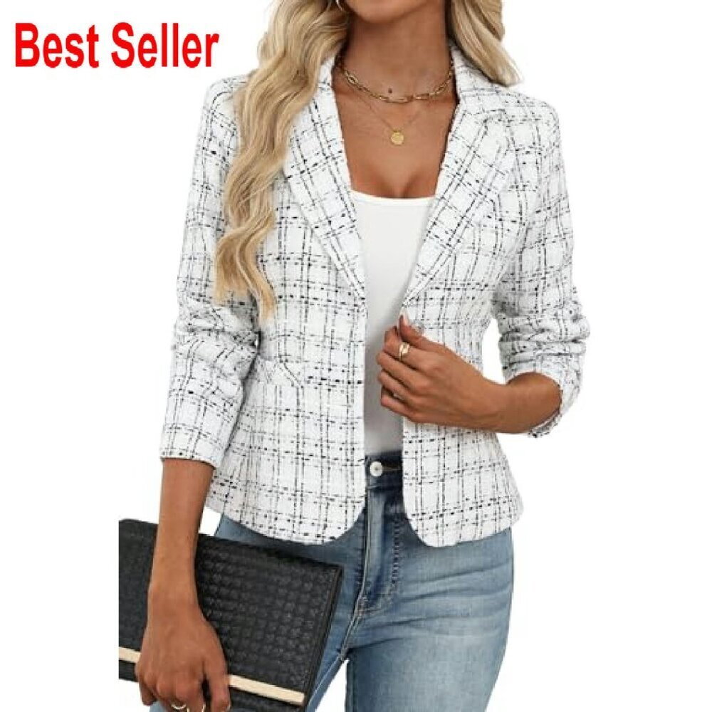 Tweed Blazer Slim Fit Business Casual Jacket Classic Elegant Work Wear - Picture 2 of 8